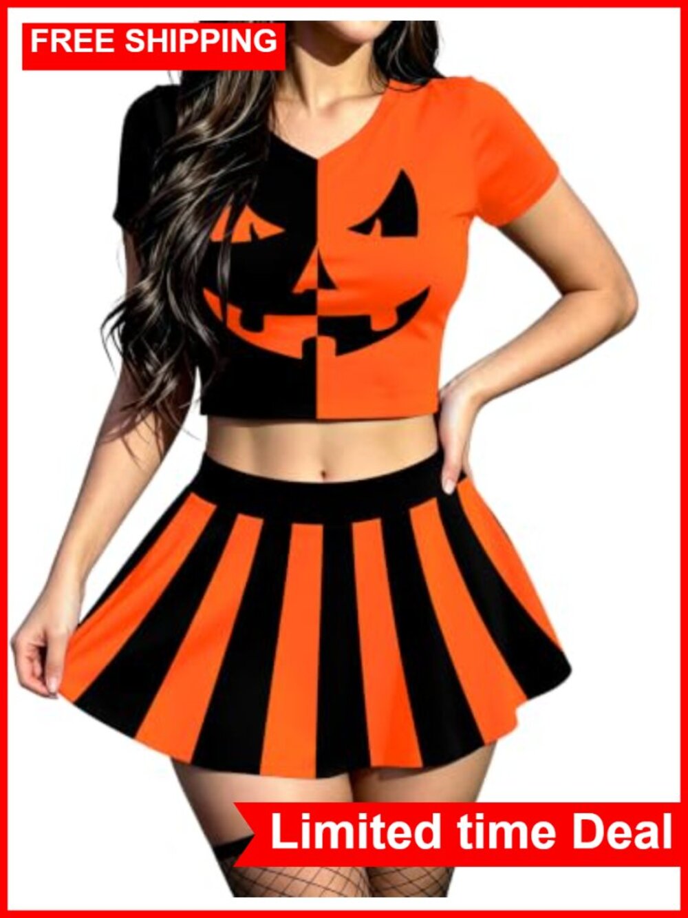 Womens Halloween 2 Piece Skort Set Crop Top V Neck High Waist
